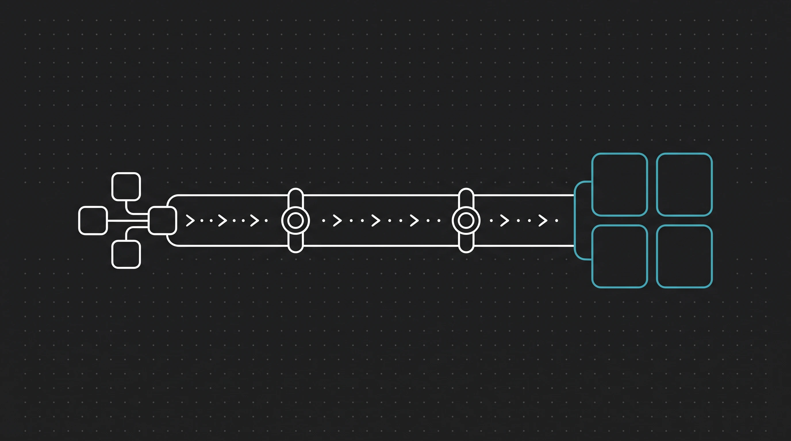 Technische Pipeline-Visualisierung: linkes Cluster repräsentiert JBoss EAP 7, teal-farbene Verbindung mit Checkpoint-Nodes führt zum modernisierten EAP 8 Cluster rechts